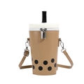 Unique bubble tea cup shaped crossbody bag featuring straw detail and pearl pattern in tan - Khaki