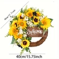 Artificial sunflower wreath with welcome sign and natural rattan base 45cm diameter - Sunflower Welcome Sign Style
