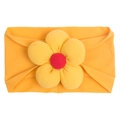 Close-up of baby nylon headband featuring a large yellow corduroy flower and red center - Khaki/Earth Yellow