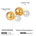 Detail view of gold-tone steel ball and white pearl stud earring with size measurements - Gold Double Ball Earrings