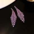 Macro shot of long pink crystal fringe earrings with silver needle on dark background - 39# Silver Needle - Black - Purple - Rhombus