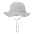 Detail of adjustable windproof strap and wrinkled texture on cotton baby sun hat - 0-12 Months / Light Gray