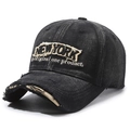 Vintage distressed black denim baseball cap with New York embroidery at 45-degree angle - Black