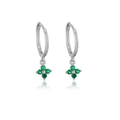 Silver hoop earrings with green zircon flower pendants and four-leaf clover design - Silver Green Stone