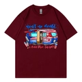 Burgundy short sleeve T-shirt with vintage USA RV print and patriotic text - Burgundy
