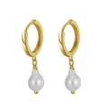 Elegant gold hoop earrings with white natural freshwater pearl pendants for women - GPE15 Fashion Teardrop Pearl Drop Earrings / Gold