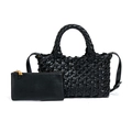 Set de bolso tote de cuero tejido negro con neceser a juego y herrajes dorados - Negro