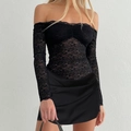 Elegant off-shoulder long sleeve lace dress with satin skirt on a neutral background - XS / Black