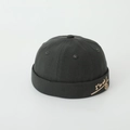 Close-up of black cotton beanie with white embroidered I'm OK text and smiley face detail - 52cm / Army Green