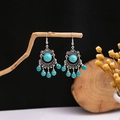 Retro bohemian drop earrings with turquoise beads and silver tassels on a wood branch - E2867/Retro Blue Bead Tassel