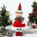 Detail of Christmas elf plush doll featuring red sequins hat and green striped legs decor - Retractable Elf Girl