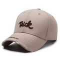Khaki cotton baseball cap with Trick embroidery and distressed brim details - Adjustable / Khaki