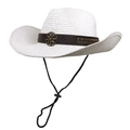 Detail of white straw cowboy hat featuring brown leather band with floral metal buckles - M (56-58cm) / Pure White