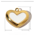 Macro view of gold heart pendant with 11x10mm size markings and stainless steel specs - Gold White Enamel Heart (YE638-1)