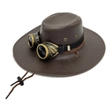 Brown faux leather steampunk cowboy hat featuring vintage bronze goggles and chin strap - M(56-58cm) / Dark Coffee with Goggles