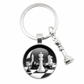 Silver chess keychain with king piece pendant and black and white checkerboard glass dome - No.11-Chessboard and Pieces