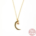 S925 sterling silver crescent moon and red star birthstone necklace in gold finish - 925 Silver / Gold - Deep Garnet Zirconia