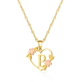 Golden heart necklace with letter P pendant and pink flower details on white background - Letter P