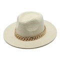 Cappello Panama di paglia beige con un elegante cinturino a catena dorata antisole - M (56-58cm) / Beige