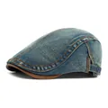 Béret rétro en denim délavé bleu foncé avec surpiqûres et bordure en cuir - Réglable / Bleu délavé