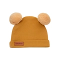 Ginger yellow knitted baby beanie with two cream pom poms and handmade leather tag - Ginger Yellow (SS142-43)