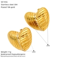 Macro shot of 18k gold plated stainless steel heart earrings with crystals and texture - Striped Rhinestone Heart (SE145G)