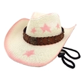 Detail of pink straw cowboy hat with metallic star buckle and leather studded band - Cream