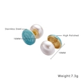 Detailed view of stainless steel pearl earrings with blue enamel and 19mm size specs - Blue-Green Marble Pearl Studs