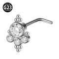 G23 titanium L-shaped nose stud with a cluster of five clear cubic zirconia gems - Five-Stone Cluster 1 Large 4 Small (Style 14 L-Shaped) / 0.8x7mm