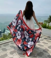 Detail of floral beach shawl with red tassels showing fabric texture and vibrant prints - Pink Base Peony with Tassels (National Style Peony-8)