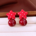 Detail of red fabric star earring with white polka dots and a glossy resin bead drop - 23# Steel Post - Fabric Polka Dot - Red - Star