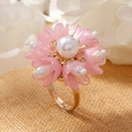 Handmade woven flower ring with pink translucent petals and white pearls on golden band - Pink (WR1065)