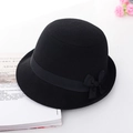 Elegant black wool felt bowler hat with ribbon bow decoration for women - Black