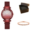 Luminous starry watch set with gradient red dial and magnetic rose gold bracelet - Watch+Bracelet+Box / Red