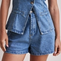 Ärmellose Jeansweste und Shorts-Set in hellblau gewaschener Optik mit Taillierung - S / Unterteile / Hellblau