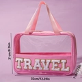 Borsa da viaggio rosa trasparente in PVC con patch TRAVEL e misure 32x21x7cm - Rosa