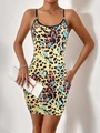 Sexy bodycon leopard and butterfly print mini dress with spaghetti straps and scoop neck - S / Top And Bottom / Yellow