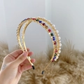 Gold double-layered baroque headband with colorful rhinestones and white pearls - Pearl Multi-color