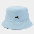 Close-up of small black cat embroidery on light blue twill cotton bucket hat detail - Light Blue