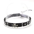 Detail view of black punk leather hat band with silver skull emblem and metal rivets - 17 Silver Skull Black Band