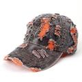 Detail of distressed vintage denim baseball cap with orange lining showing through rips - Adjustable / Denim Black-Orange
