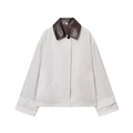 Short plaid jacket with brown PU leather collar and single-breasted design on white background - XS / Grey Plaid