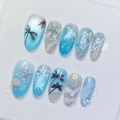 Handmade summer beach press-on nails with 3D starfish shells and blue glitter almond shape - K069【30pcs】 / Finished Strips (three Sets All Fully Rhinestone-studded)