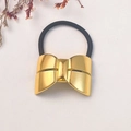 Elegant golden alloy bow hair tie with high-quality black elastic band on white surface - Gold Smooth Bow Knot