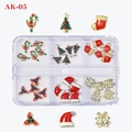 Christmas nail art charms set with trees and bells in a 6-grid organizer box - 6-Grid Christmas Nail Art Set AK05