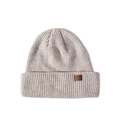 Detail shot of the chunky knit texture and brown leather patch on an oatmeal beanie - M (56-58cm) / Light Gray
