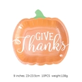 Orange pumpkin shaped disposable paper plates with Give Thanks white lettering for Thanksgiving - 9 Inch Give Thanks Pumpkin Plates 10PCS