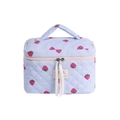 Light blue striped quilted makeup bag with strawberry patterns and white ribbon zipper - Blue Strawberry Barrel Bag