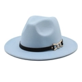 Detail of light blue wool felt fedora featuring a black leather band and gold chain accent - Sky Blue