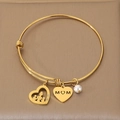 Adjustable golden MOM bracelet with heart pendants and white pearl for Mother's Day - Hollow Mother with Two Kids Style (KB203631-Z)